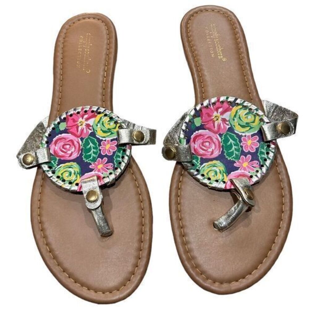 Simply Southern Leather‎ Flat Flip Flop Sandals Multicolor Floral Print Size 10